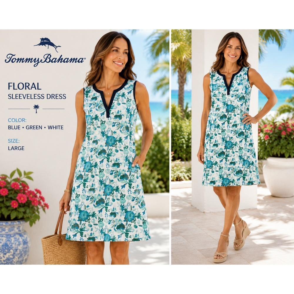 Tommy Bahama Women L Blue Green Floral Sleeveless Shift Resort Dress 1831 Cotton